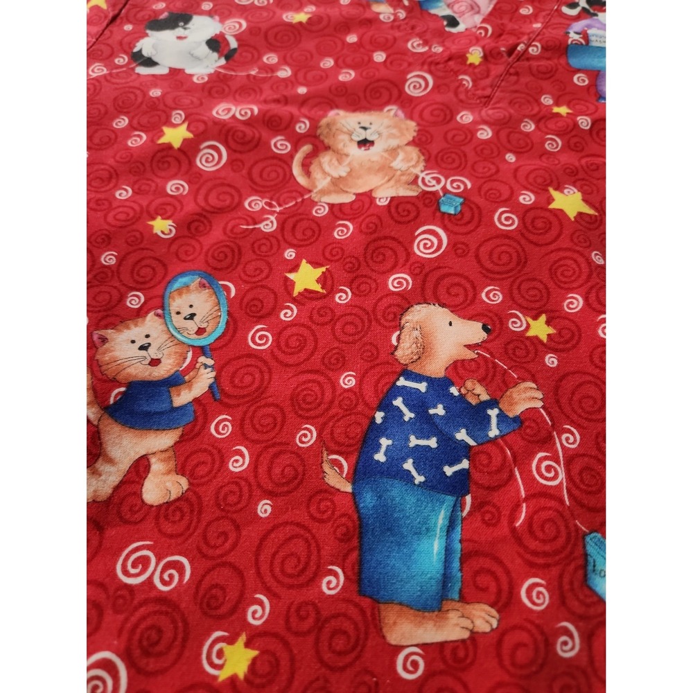Flossing Dentist Dogs Cats Red Cotton 2-pocket Gathered Tie Back Scrub Top SMALL